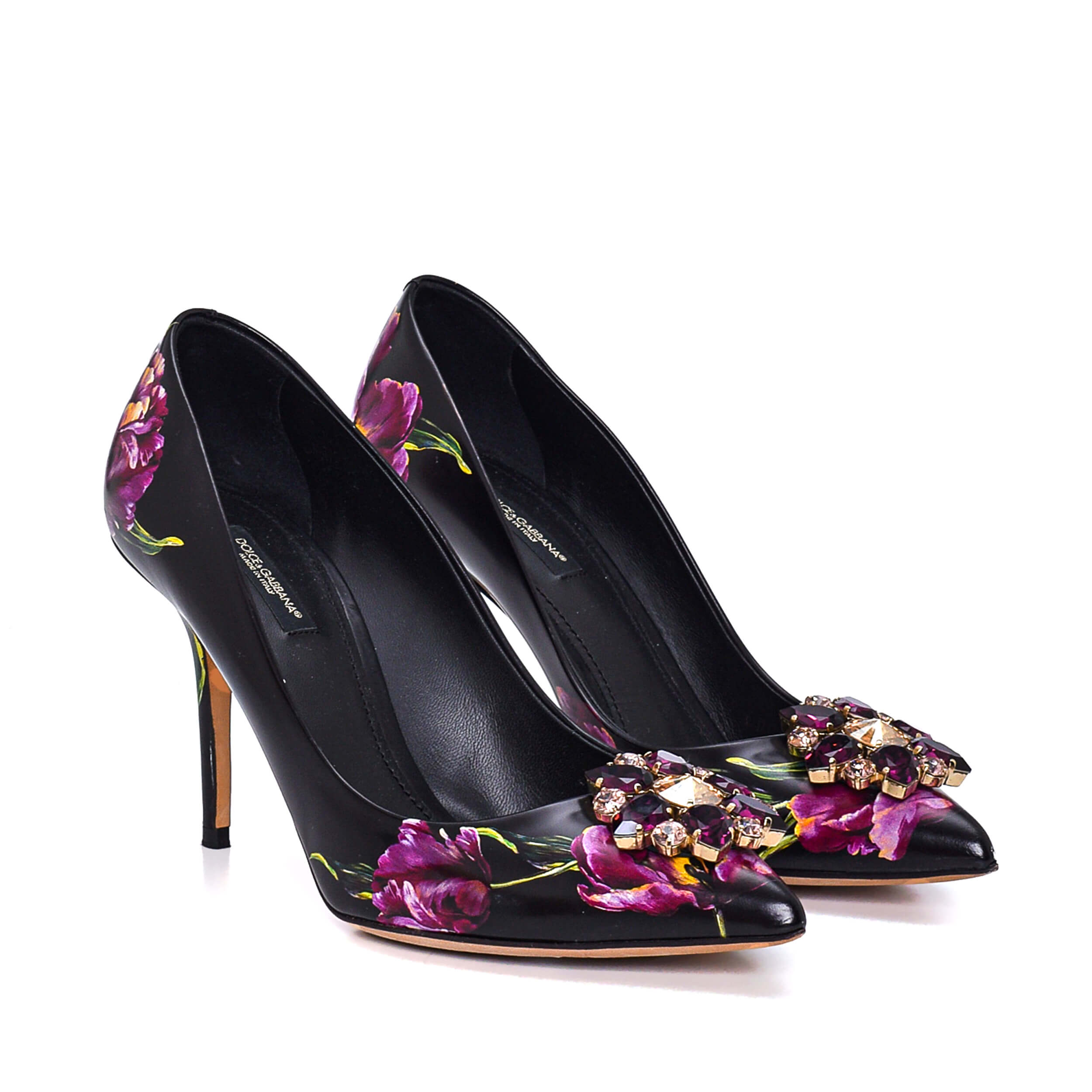 Dolce Gabbana- Black multi Viola Jewelled Tulip print Leather Pumps